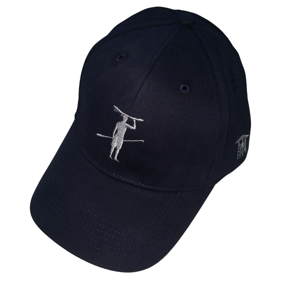 Blue Tower flex fit hat with man and paddle board on the front