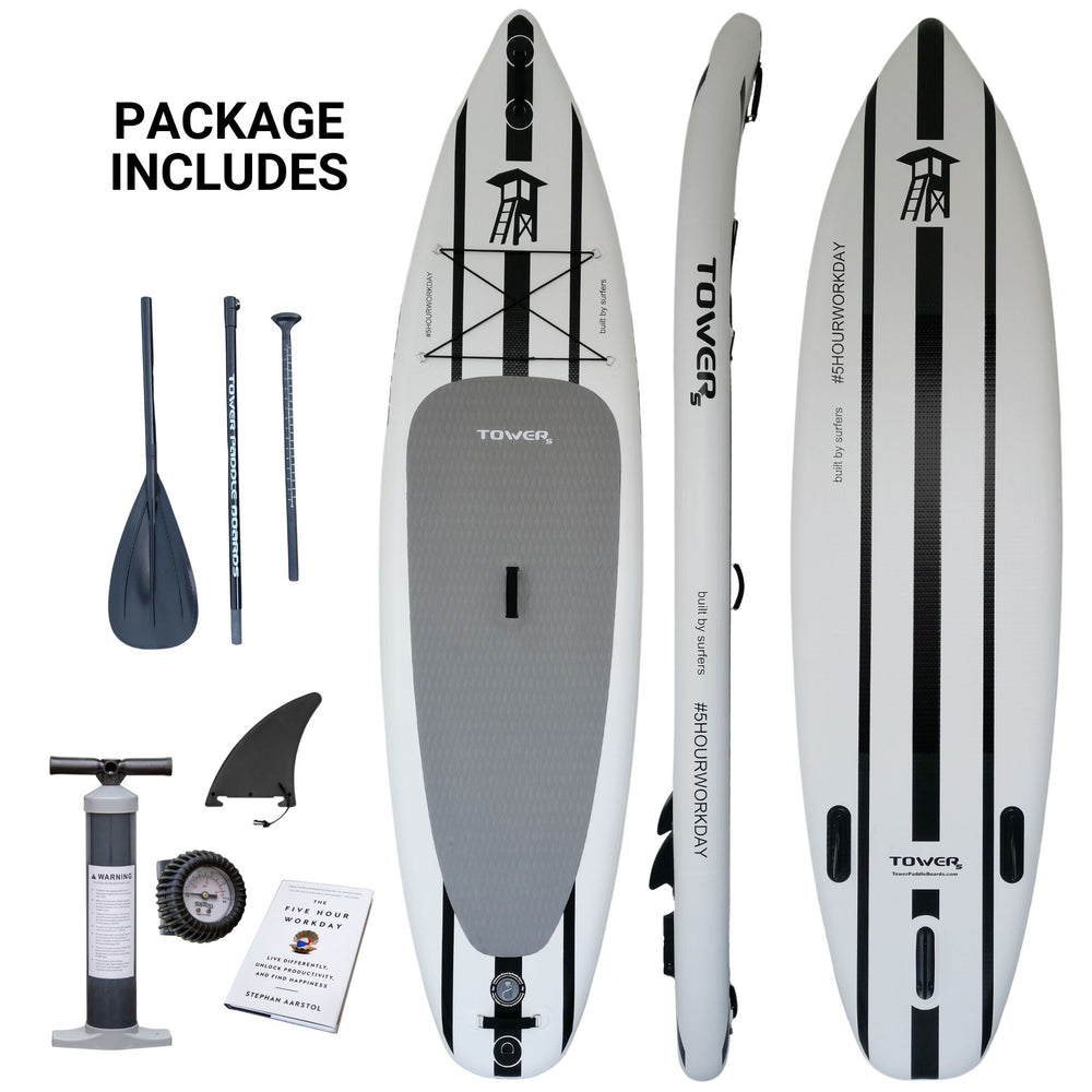 S-Class paddle board package from Tower. Paddle board top, side and bottom, paddle, pump, fin, and book. 