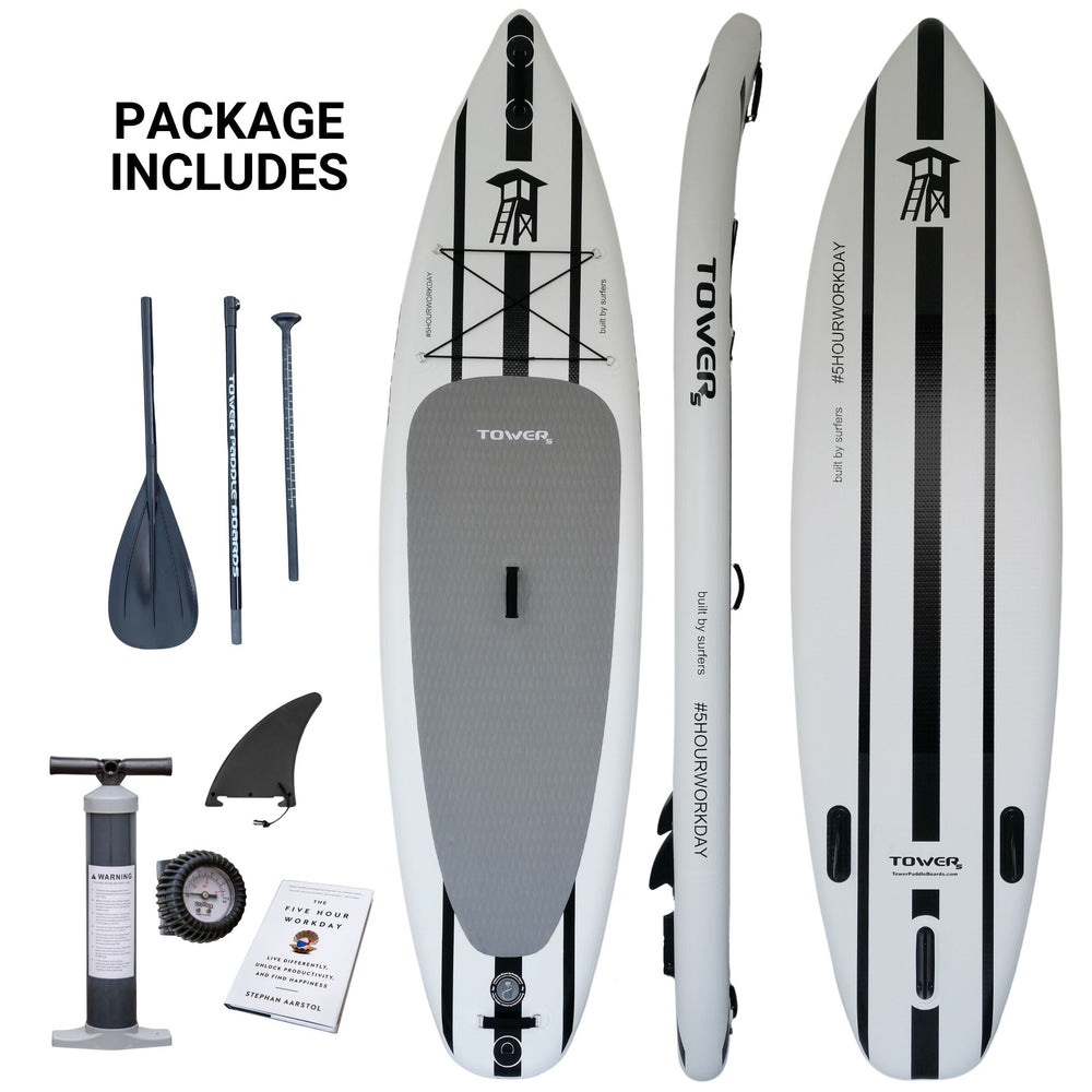 S-Class paddle board package from Tower. Paddle board top, side and bottom, paddle, pump, fin, and book.