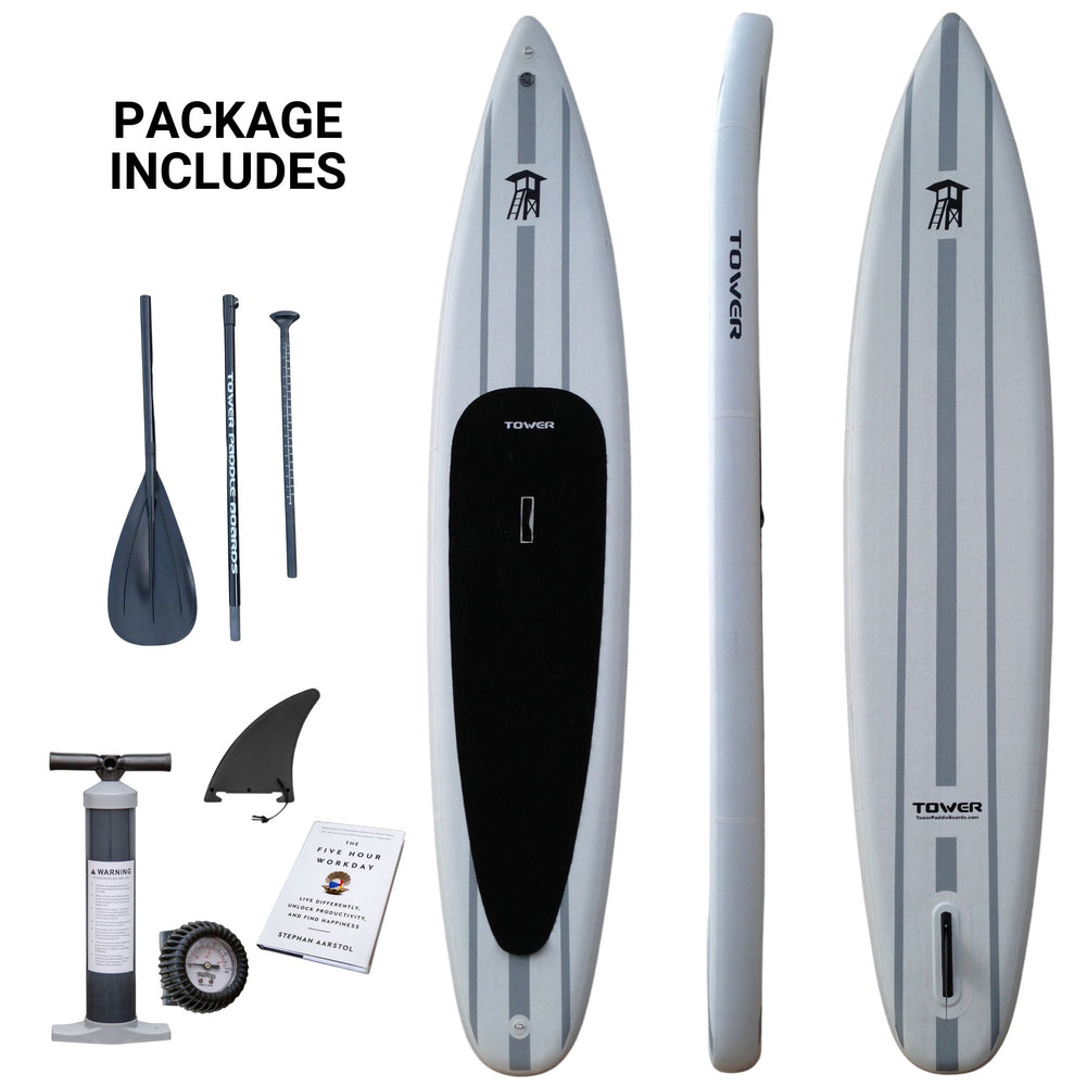 Tower Xplorer paddle board package. Paddle Board, fin, paddle, pump, and book.