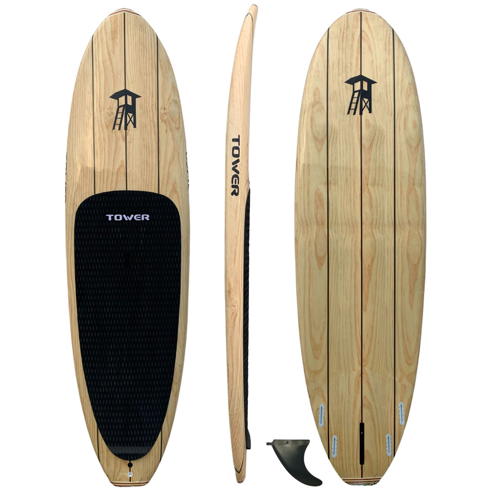 Tower wood paddle board top, side and bottom view