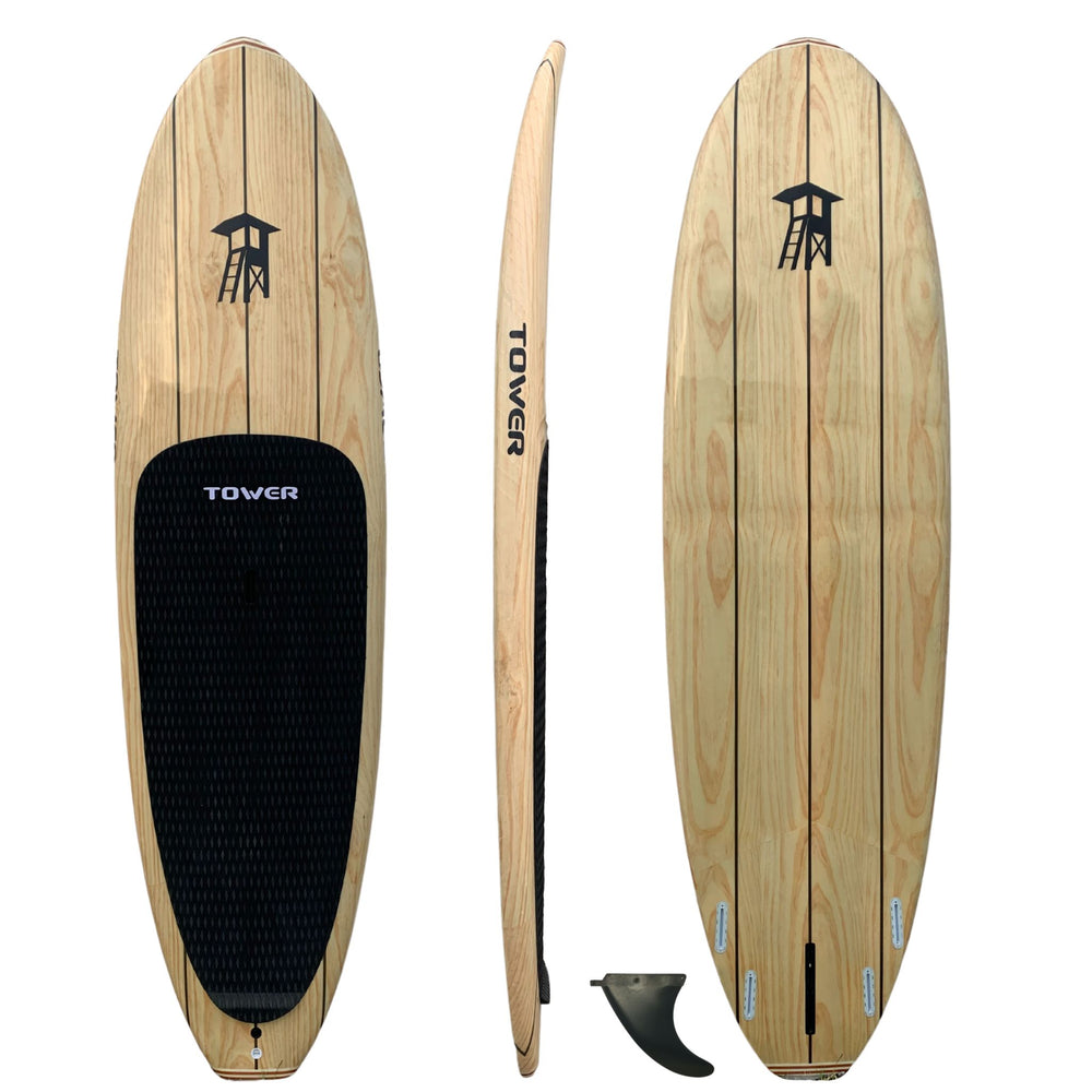 Tower wood paddle board top, side, and bottom views along with fin