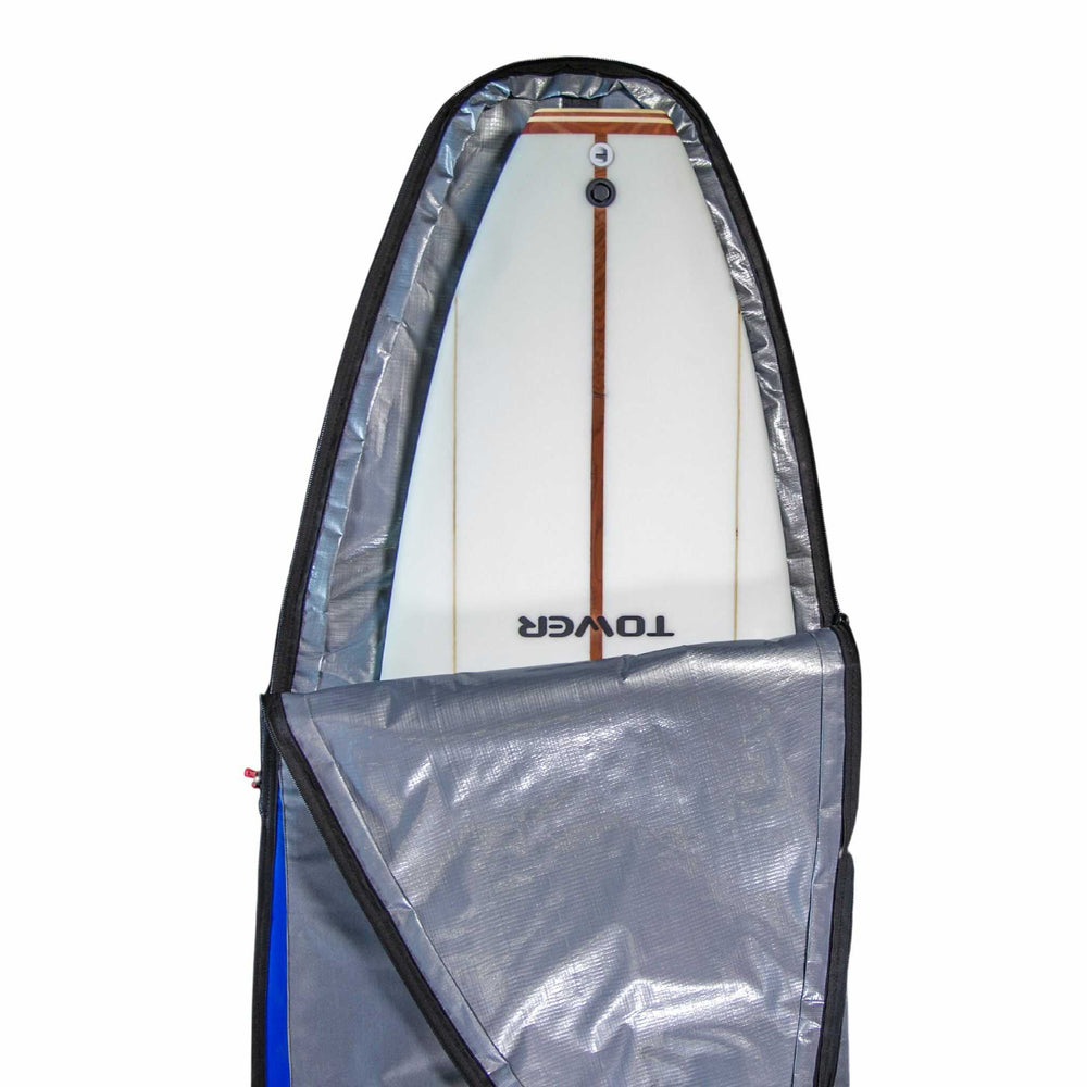 Tower long board surfboard bag with surfboard inside