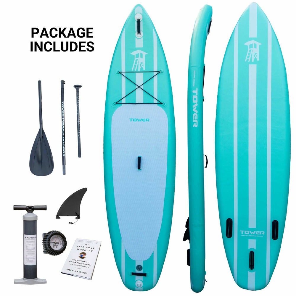 Mermaid paddle board package from Tower. Mermaid paddle board, paddle, pump, fin, and book.
