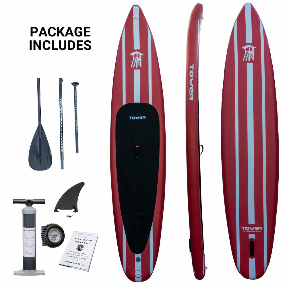 Red 12'6 racing and touring paddle board with white stripes