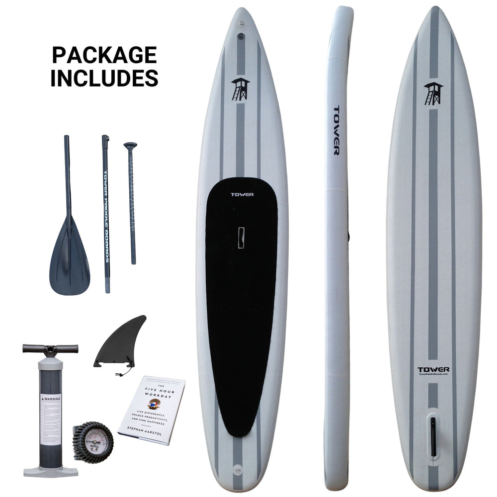 Tower Xplorer paddle board package. Paddle Board, fin, paddle, pump, and book. 