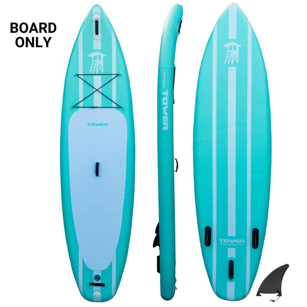 Tower Mermaid paddle board top, side, and bottom views